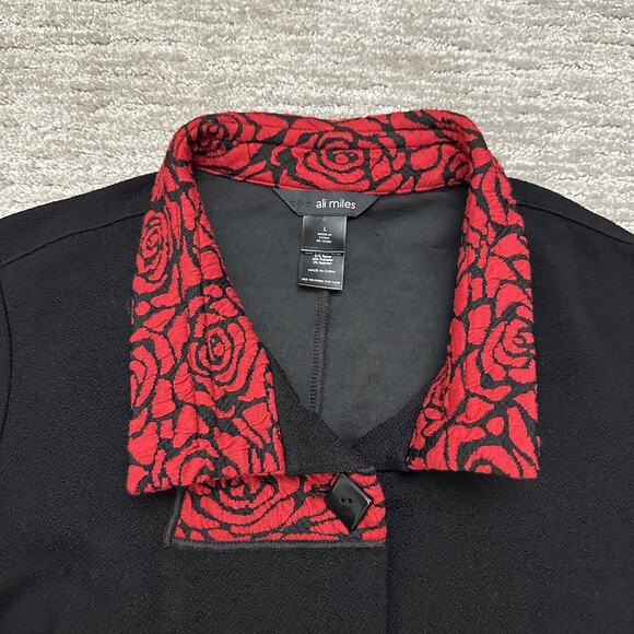Ali Miles Jacket Womens Large Black Red Rose Trim 3/4 Sleeve Button Front - Picture 2 of 14
